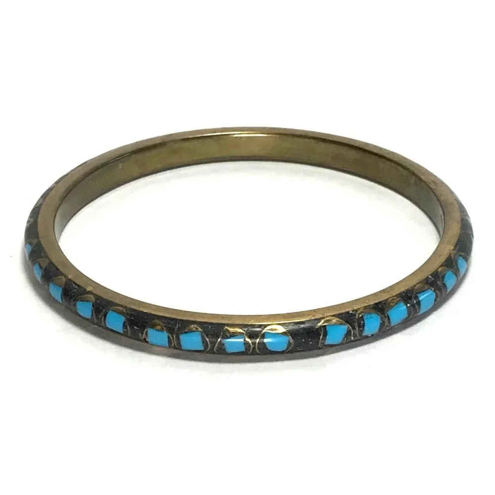 Vintage Brass and Turquoise Glass? Mosaic Bangle Bracelet Tribal Boho - Picture 4 of 5